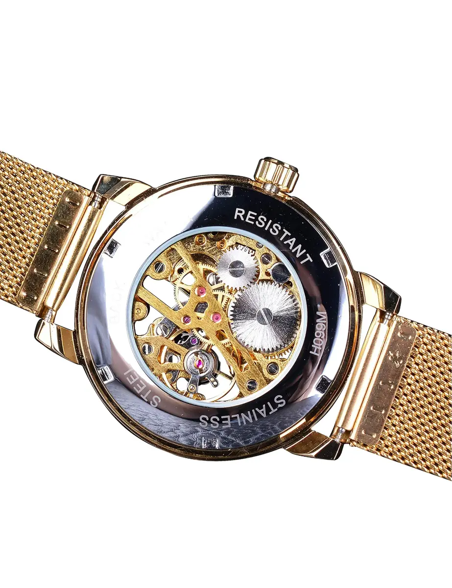 FORSINING Men's Skeleton Mechanical Watch 41mm (1.61 inches) | Retro Golden Transparent Business Watch with Black Mesh Band - view 6