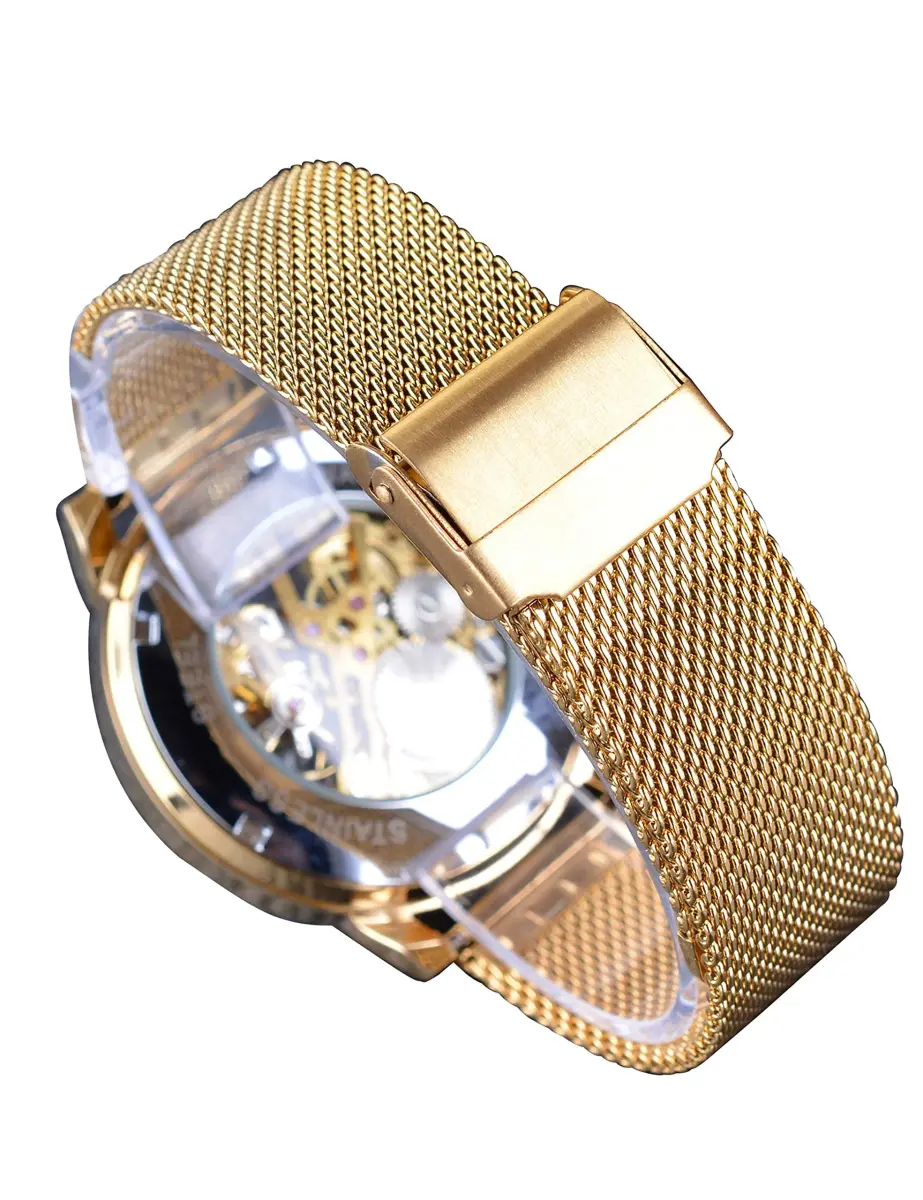 FORSINING Men's Skeleton Mechanical Watch 41mm (1.61 inches) | Retro Golden Transparent Business Watch with Black Mesh Band - view 7