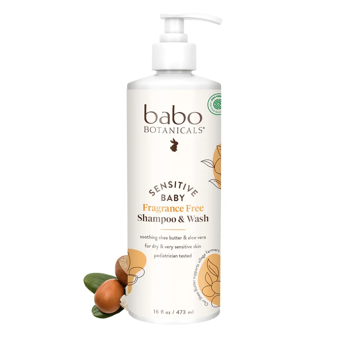 Babo Botanicals Fragrance-Free 2-in-1 Baby Shampoo & Wash - Shea Butter, Calendula & Aloe - Pediatrician Tested - 16 Fl Oz | Gentle, Organic & Sensitive - main product image