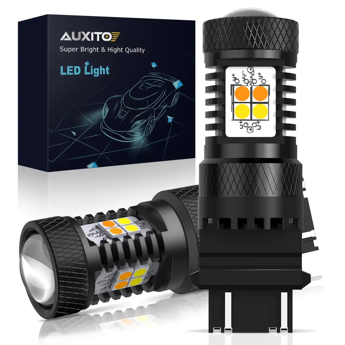AUXITO 3157 Switchback LED Turn Signal Bulbs 50W | Dual Color White & Amber, 12V, Pack of 2, Car Tail & Parking Lights - main product image
