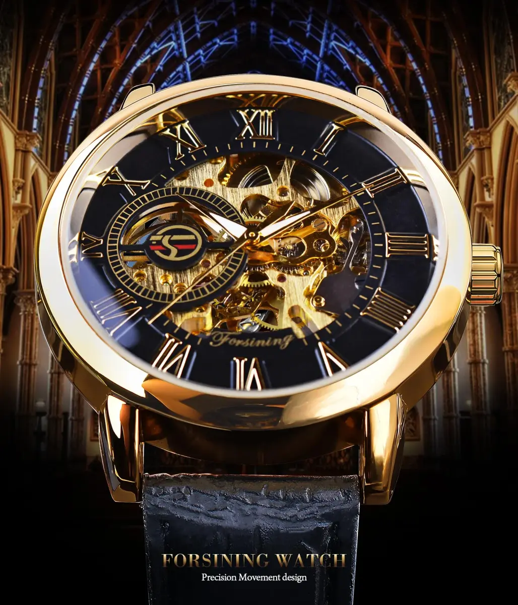 FORSINING Men's Skeleton Steampunk Mechanical Watch 44mm (1.73in) | Transparent Mesh Band Analog Watch - view 3