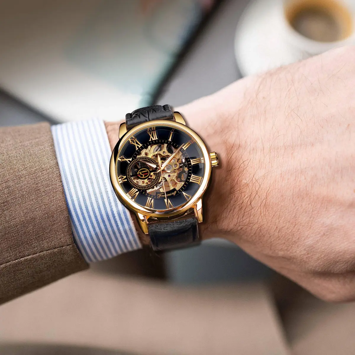 FORSINING Men's Skeleton Steampunk Mechanical Watch 44mm (1.73in) | Transparent Mesh Band Analog Watch - view 4