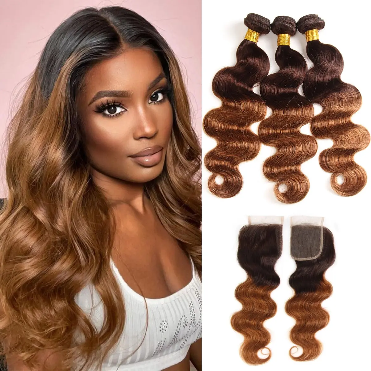 FASHION VILA Human Hair Bundles with Closure Body Wave 12 14 16+12 Inch T4/30 | 10A Grade Brazilian Virgin Remy Hair - main product image