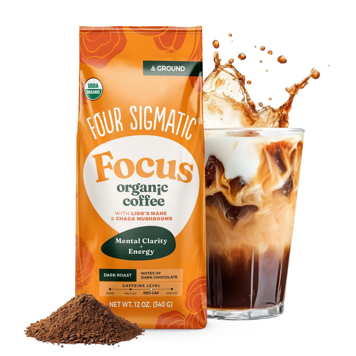 Four Sigmatic Organic Focus Mushroom Ground Coffee Dark Roast with Lion's Mane & Chaga 12oz (340g) | For Mental Clarity & Energy - main product image