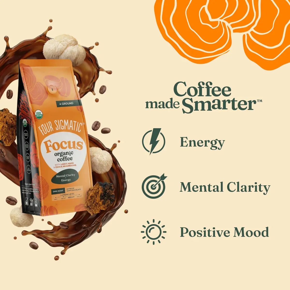 Four Sigmatic Organic Focus Mushroom Ground Coffee Dark Roast with Lion's Mane & Chaga 12oz (340g) | For Mental Clarity & Energy - view 2