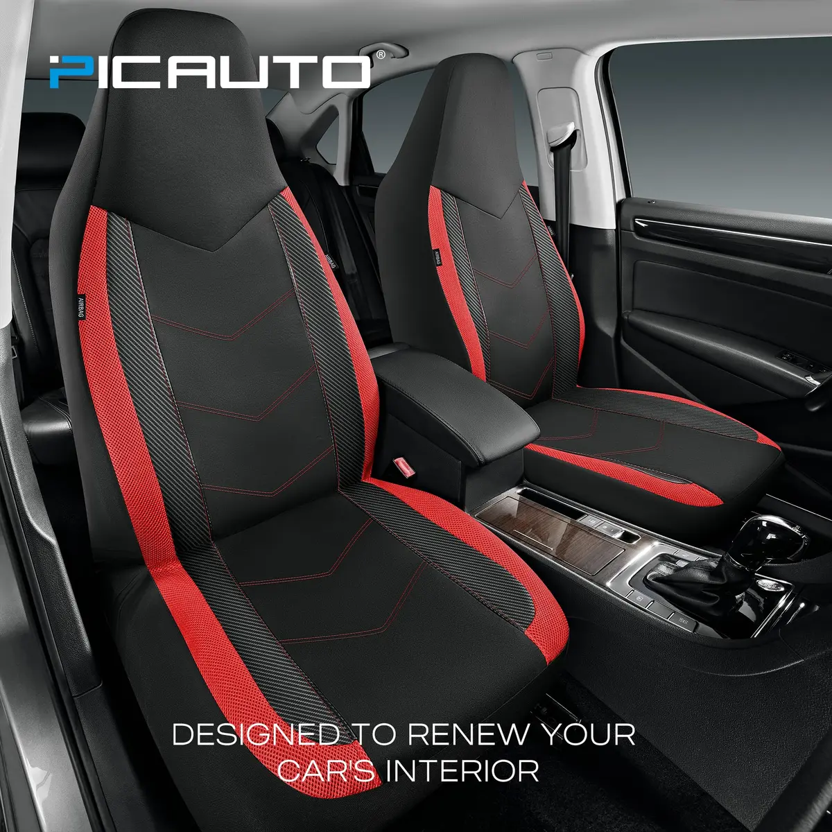 PIC AUTO Red High Back Front Seat Covers | Carbon Fiber Mesh Design, Universal Fit, Airbag Compatible - view 2