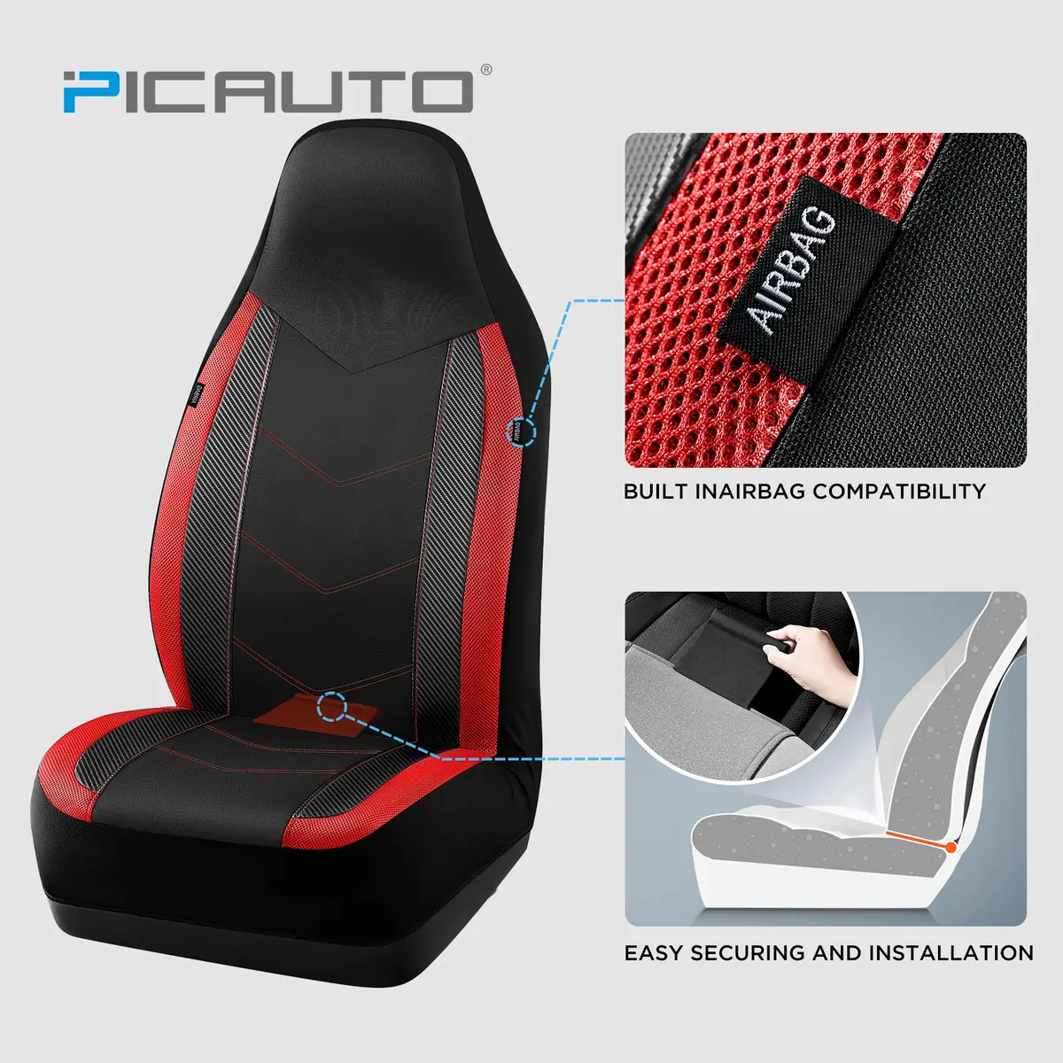 PIC AUTO Red High Back Front Seat Covers | Carbon Fiber Mesh Design, Universal Fit, Airbag Compatible - view 3