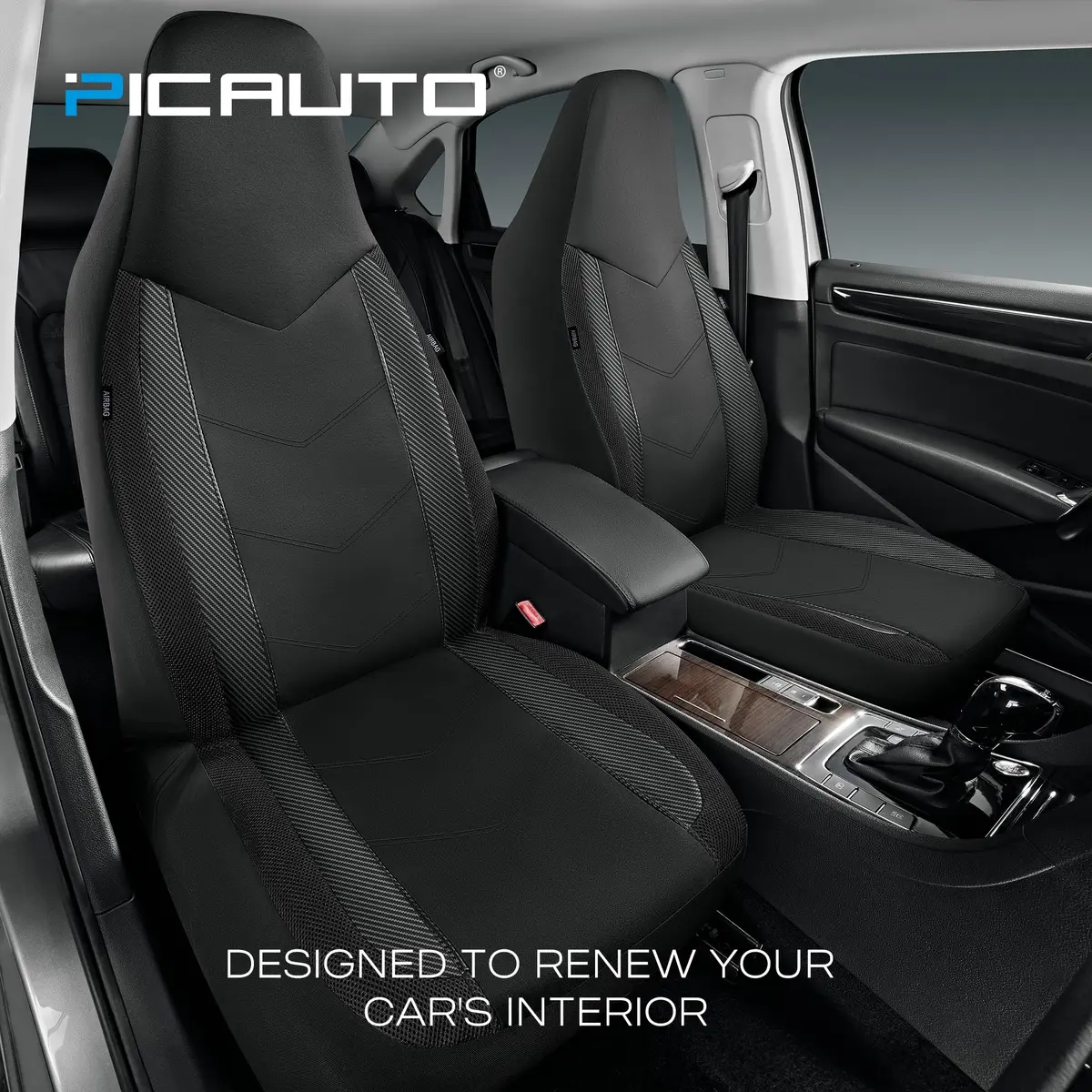 PIC AUTO Black High Back Front Sports Carbon Fiber & Mesh Design Seat Covers | Universal Fit for Most Cars - view 2