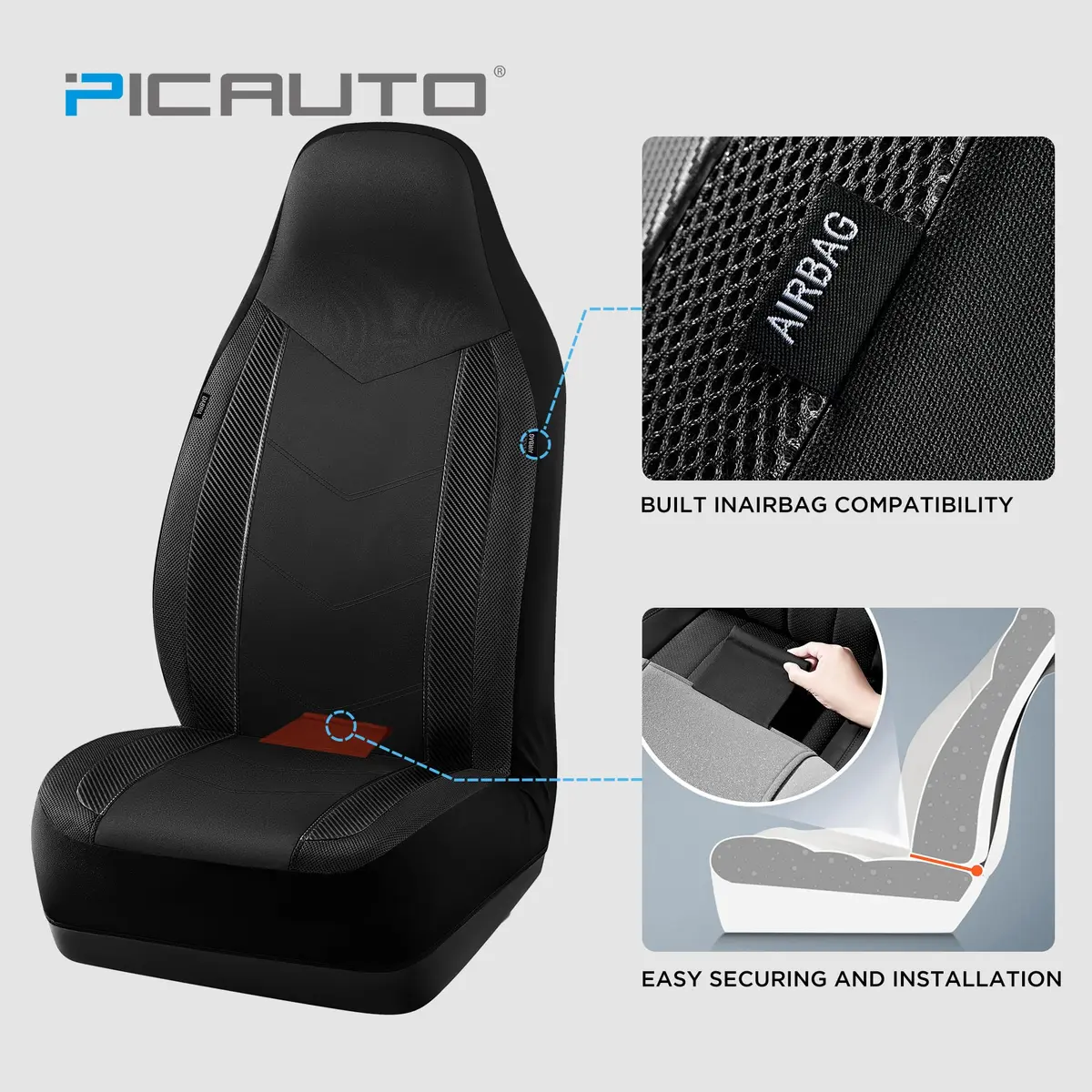 PIC AUTO Black High Back Front Sports Carbon Fiber & Mesh Design Seat Covers | Universal Fit for Most Cars - view 3