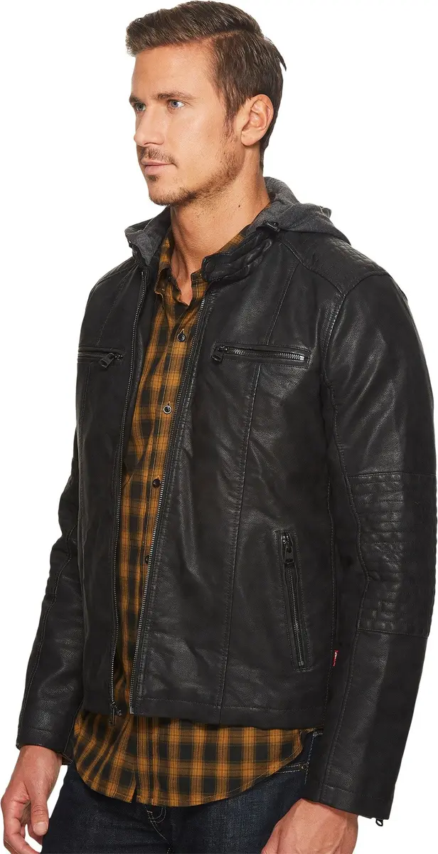 Levi's Faux Leather Racer Jacket Coat, Black, XL | Motorcycle Style with Adjustable Hood - view 2