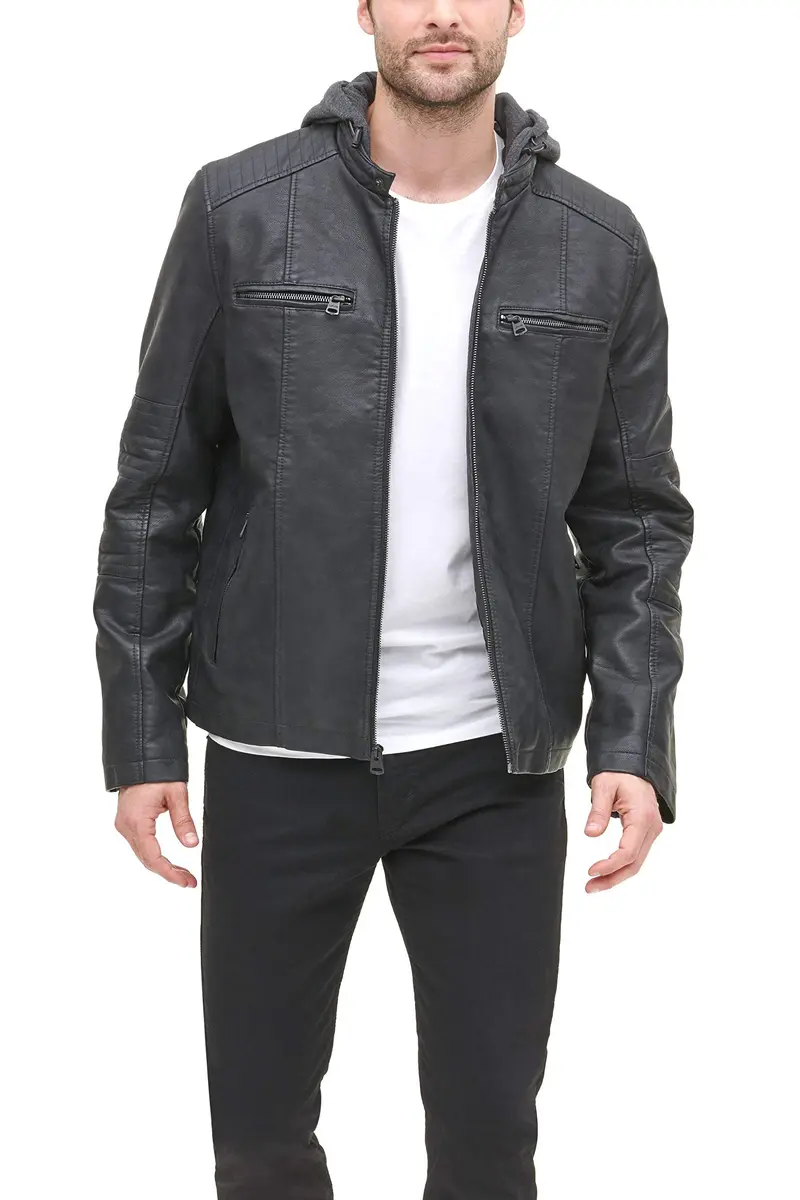 Levi's Faux Leather Racer Jacket Coat, Black, XL | Motorcycle Style with Adjustable Hood - view 3