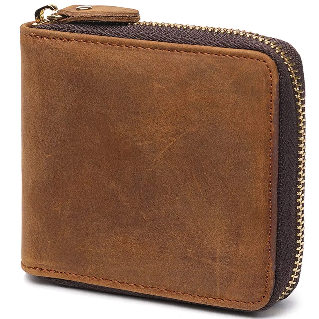Huztencor Men's RFID Blocking Leather Bifold Wallet with Zipper ID Card Window | Crazy Horse Brown (11.5cm x 10.5cm x 2cm) - main product image