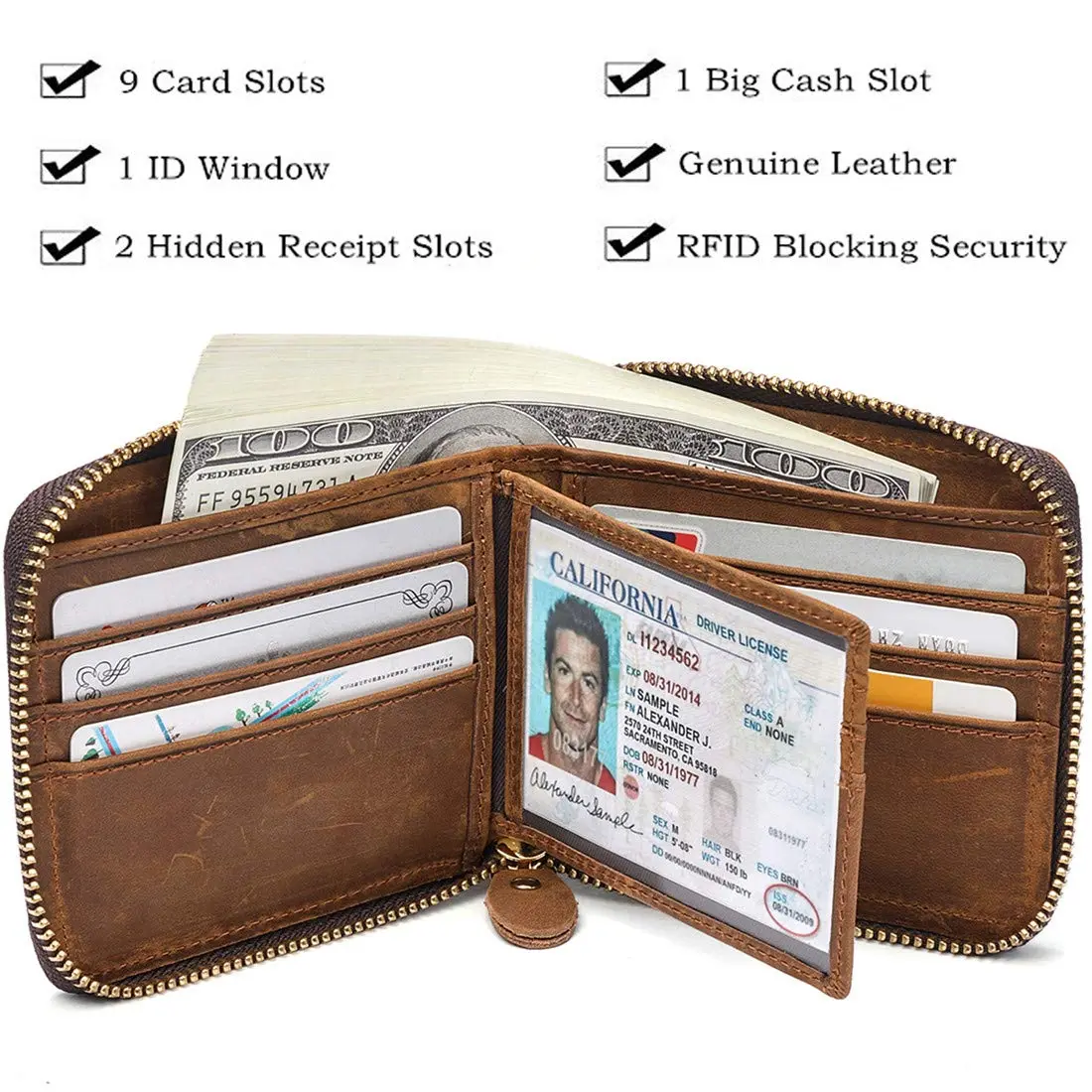 Huztencor Men's RFID Blocking Leather Bifold Wallet with Zipper ID Card Window | Crazy Horse Brown (11.5cm x 10.5cm x 2cm) - view 5