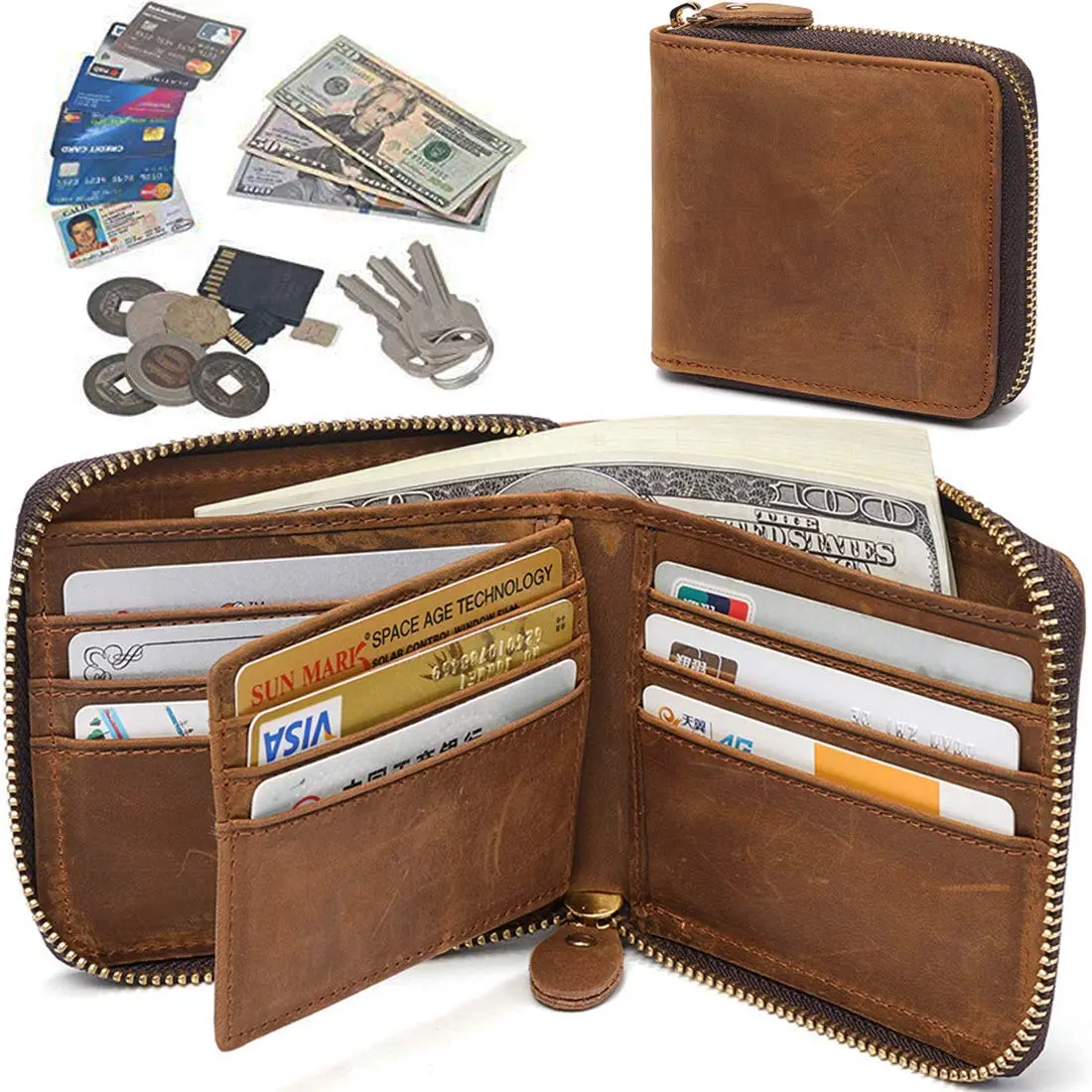 Huztencor Men's RFID Blocking Leather Bifold Wallet with Zipper ID Card Window | Crazy Horse Brown (11.5cm x 10.5cm x 2cm) - view 6