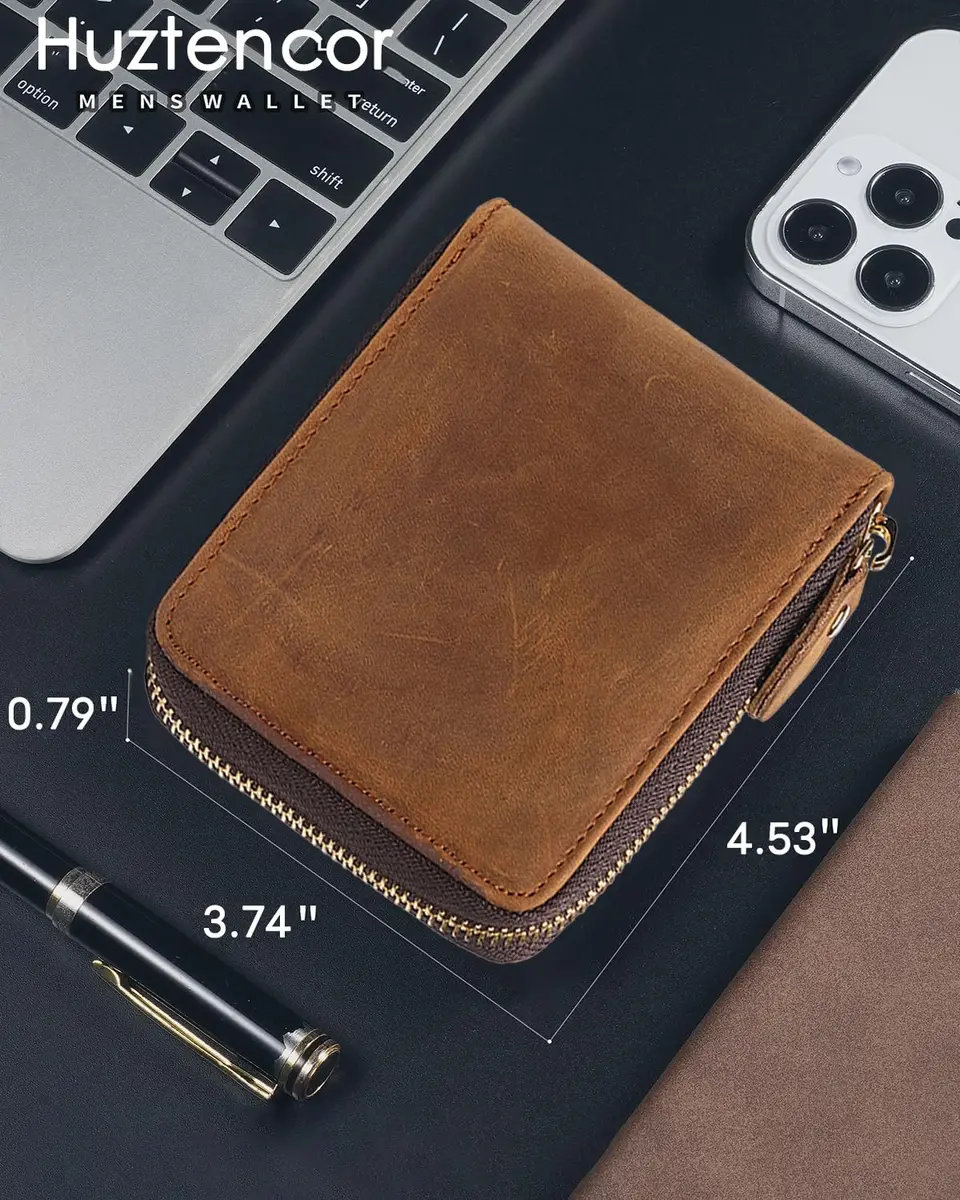 Huztencor Men's RFID Blocking Leather Bifold Wallet with Zipper ID Card Window | Crazy Horse Brown (11.5cm x 10.5cm x 2cm) - view 3