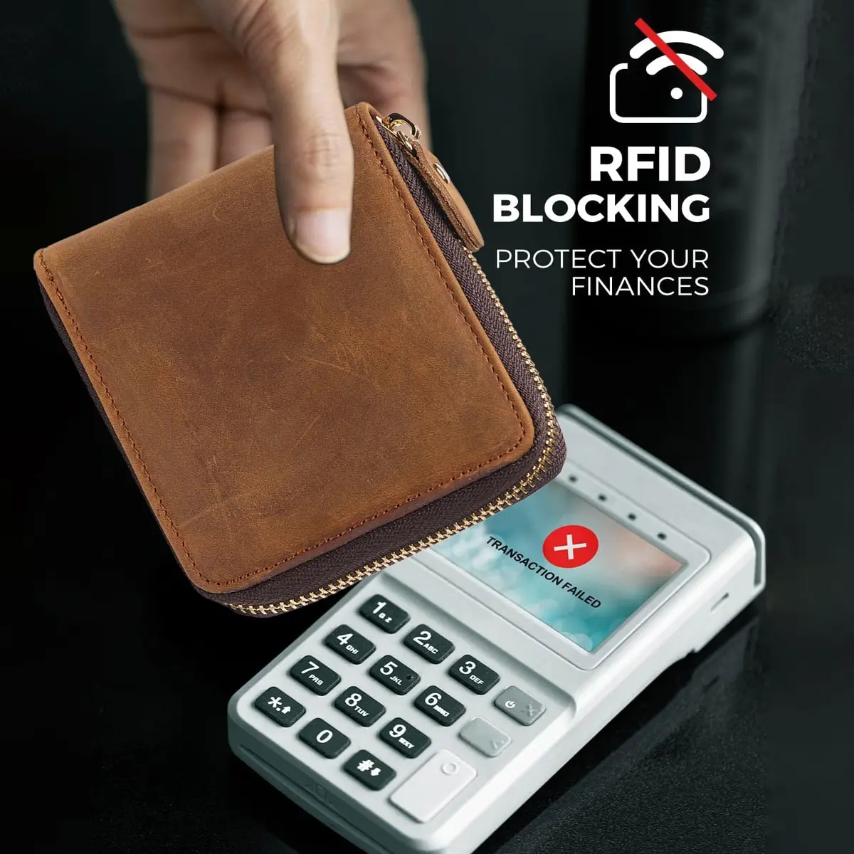 Huztencor Men's RFID Blocking Leather Bifold Wallet with Zipper ID Card Window | Crazy Horse Brown (11.5cm x 10.5cm x 2cm) - view 4