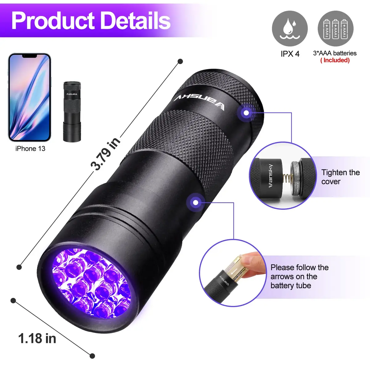 Vansky UV Light 395nm Blacklight Flashlight | Pet Urine Detection & Invisible Stain Finder - view 8