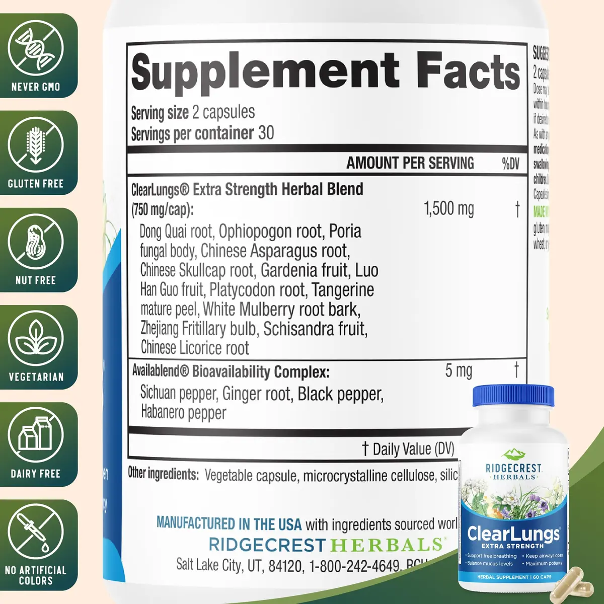 RidgeCrest Herbals ClearLungs Extra Strength Lung Support 60 Ct | Natural Respiratory Aid for Adults - view 3