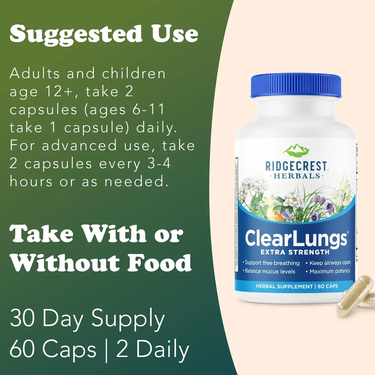 RidgeCrest Herbals ClearLungs Extra Strength Lung Support 60 Ct | Natural Respiratory Aid for Adults - view 4