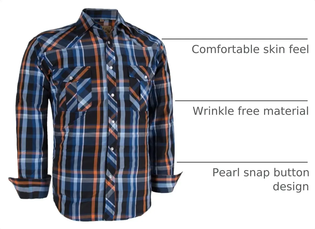 COEVALS CLUB Men's Long Sleeve Casual Western Two Pockets Work Plaid Pearl Snap Button Up Shirt (Orgnge,Blue/XL, 5#) | Durable Cotton-Polyester Blend - view 4