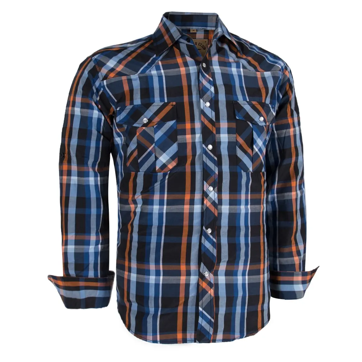 COEVALS CLUB Men's Long Sleeve Casual Western Two Pockets Work Plaid Pearl Snap Button Up Shirt (Orgnge,Blue/XL, 5#) | Durable Cotton-Polyester Blend - main product image