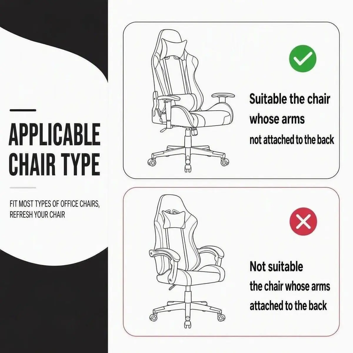 Deisy Dee 4-Piece Stretch Gaming Chair Cover Set with Armrest Covers, Universal Black Polyester Spandex Jacquard Knit | Fits Most Racing & Office Chairs - view 5