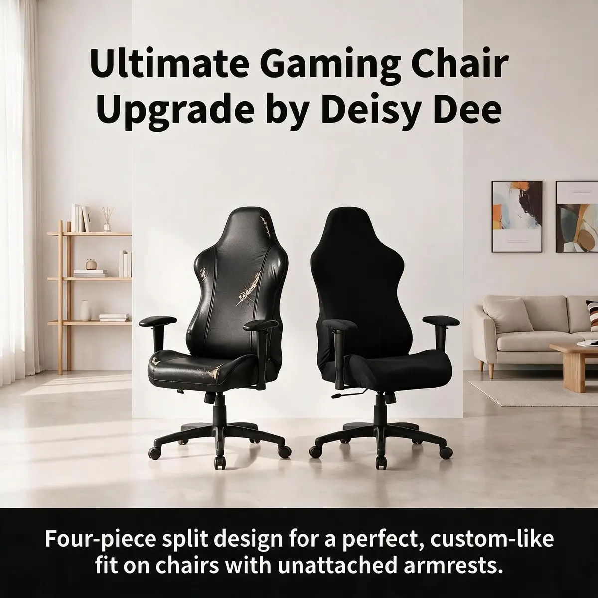 Deisy Dee 4-Piece Stretch Gaming Chair Cover Set with Armrest Covers, Universal Black Polyester Spandex Jacquard Knit | Fits Most Racing & Office Chairs - view 6