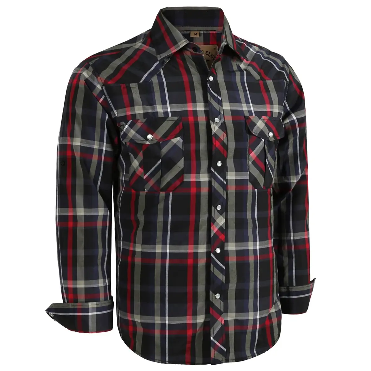 COEVALS CLUB Men's Long Sleeve Casual Western Two Pockets Work Plaid Pearl Snap Button Up Shirt (Black,Red/L, 6#) | Durable Cotton-Polyester Blend - main product image