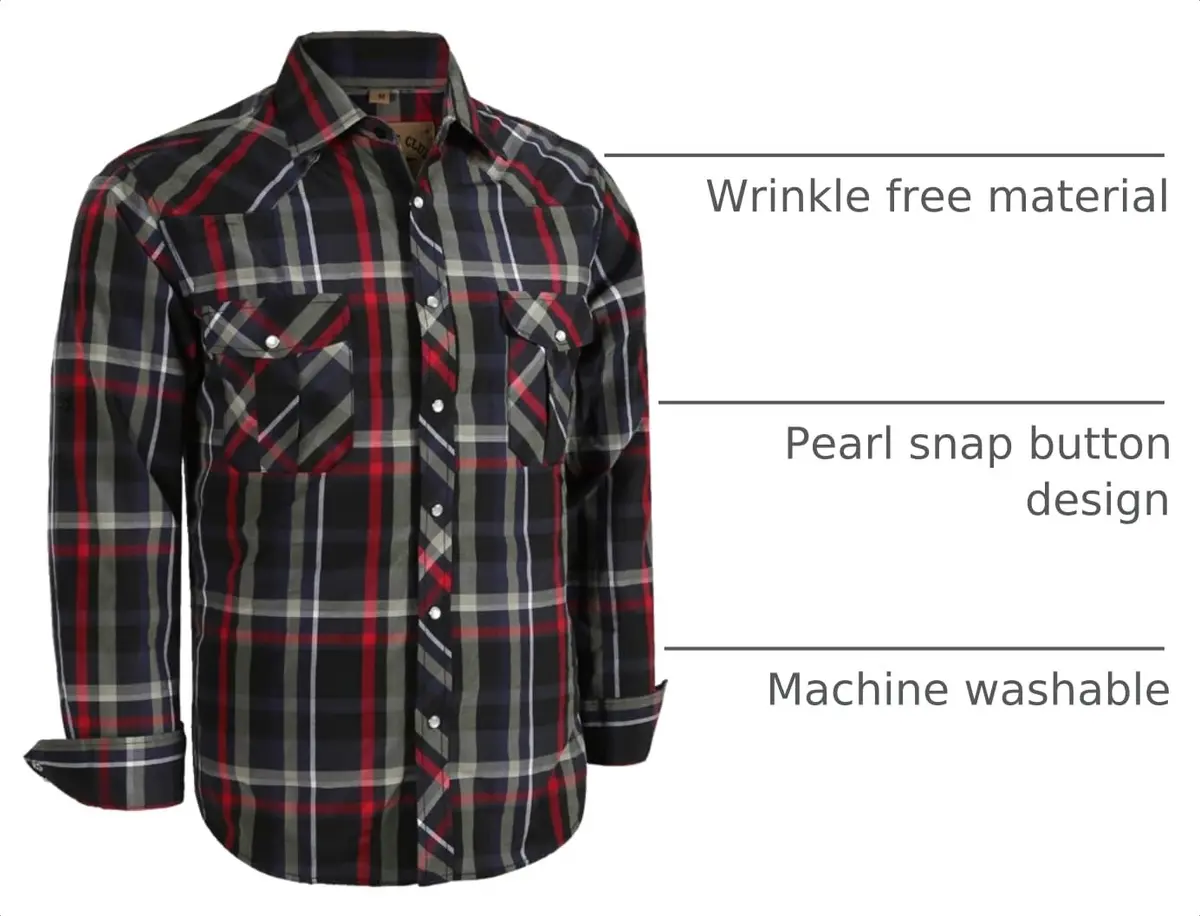 COEVALS CLUB Men's Long Sleeve Casual Western Two Pockets Work Plaid Pearl Snap Button Up Shirt (Black,Red/L, 6#) | Durable Cotton-Polyester Blend - view 4