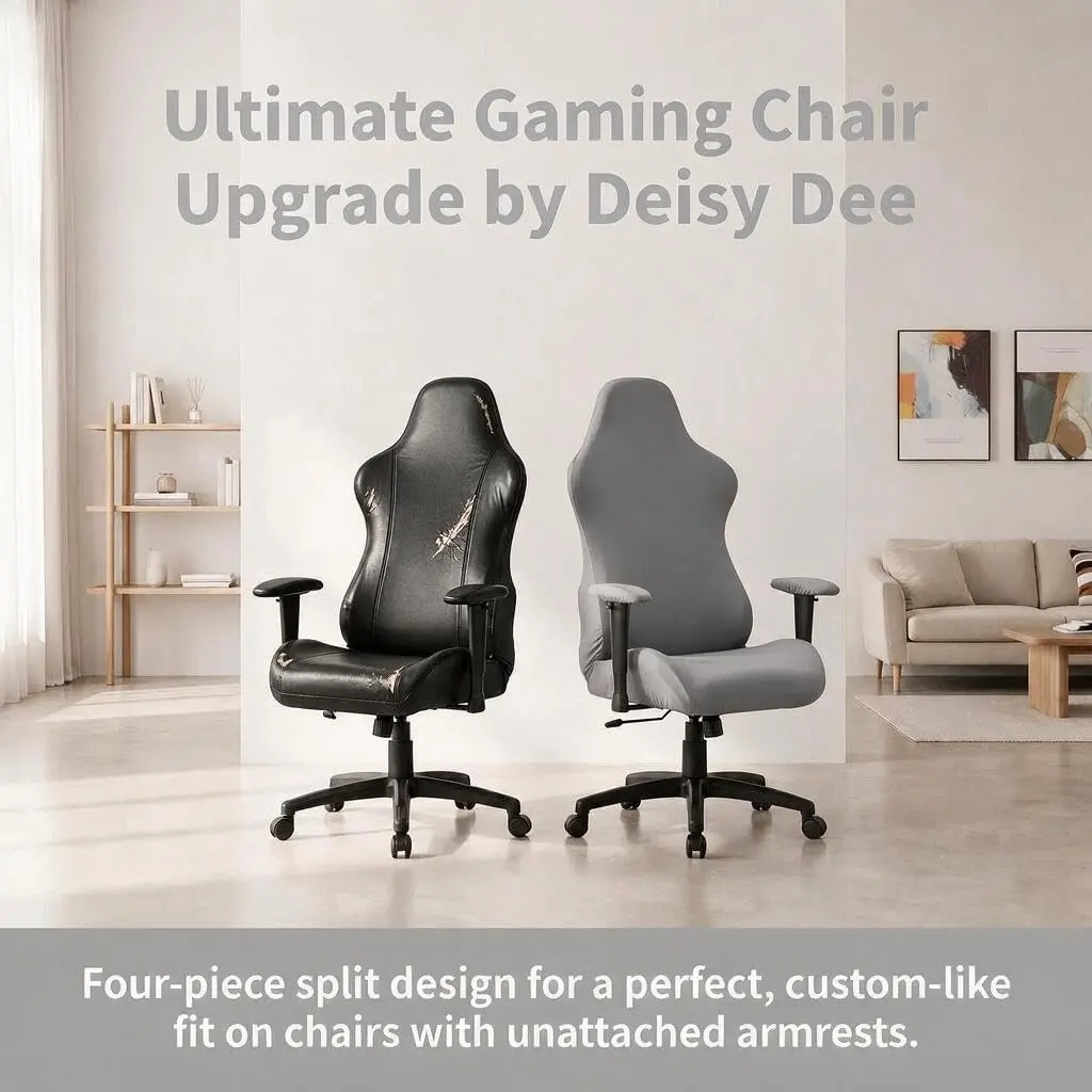 Deisy Dee 4-Piece Stretch Gaming Chair Cover Set Grey | Back, Seat, and 2 Armrest Covers - view 6