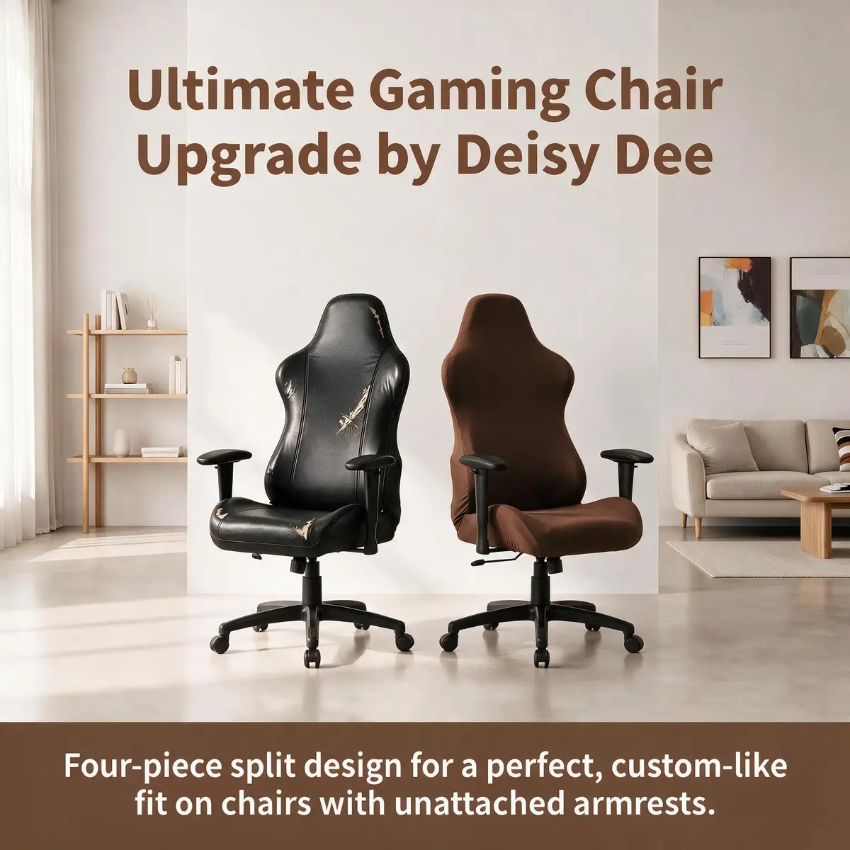 Deisy Dee 4-Piece Gaming Chair Cover Set with Armrest Covers, Universal Stretch Polyester Spandex Jacquard Knit for Racing Office Reclining Chairs, Brown Leaf Pattern, 1 Back 1 Seat 2 Armrest Covers - view 6