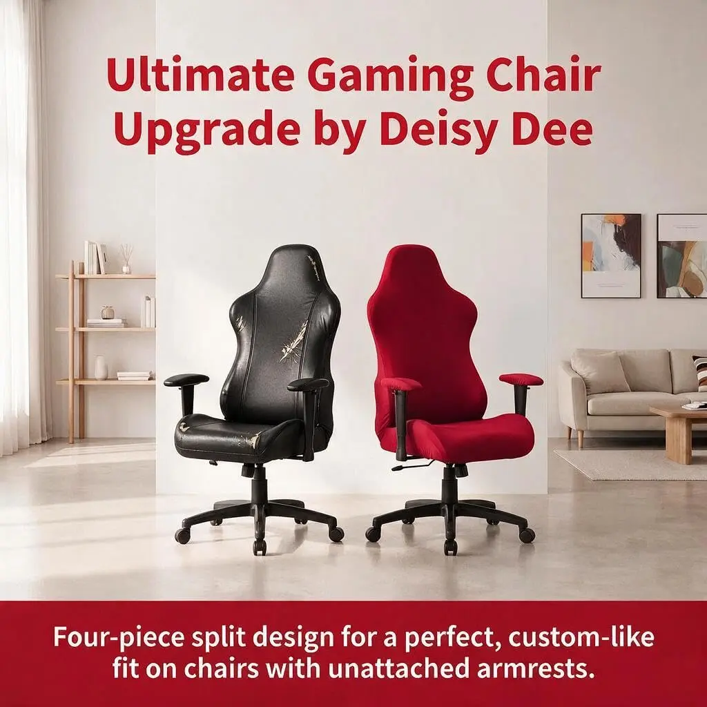 Deisy Dee 4-Piece Gaming Chair Cover Set Red | Universal Stretch Polyester Spandex Jacquard Knit - view 6