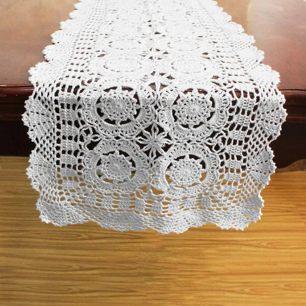 KEPSWET Cotton Handmade Crochet Lace Table Runner White 14x36 inch | Rustic Home Decor - view 5