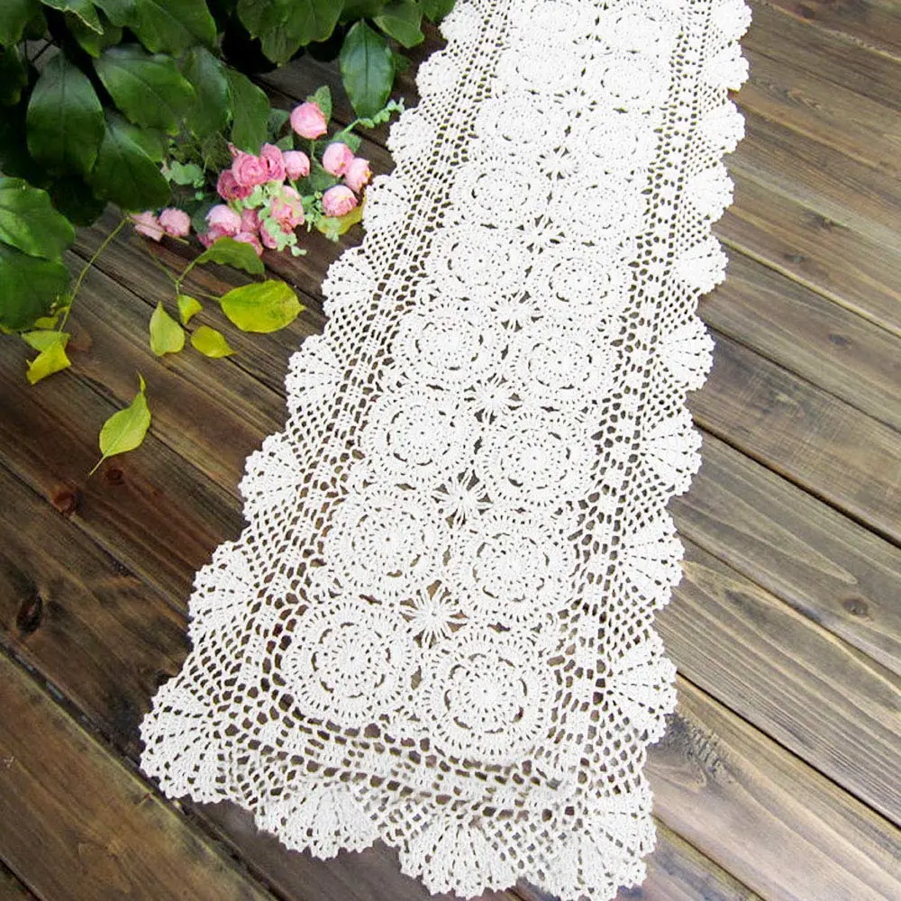 KEPSWET Cotton Handmade Crochet Lace Table Runner White 14x36 inch | Rustic Home Decor - view 2