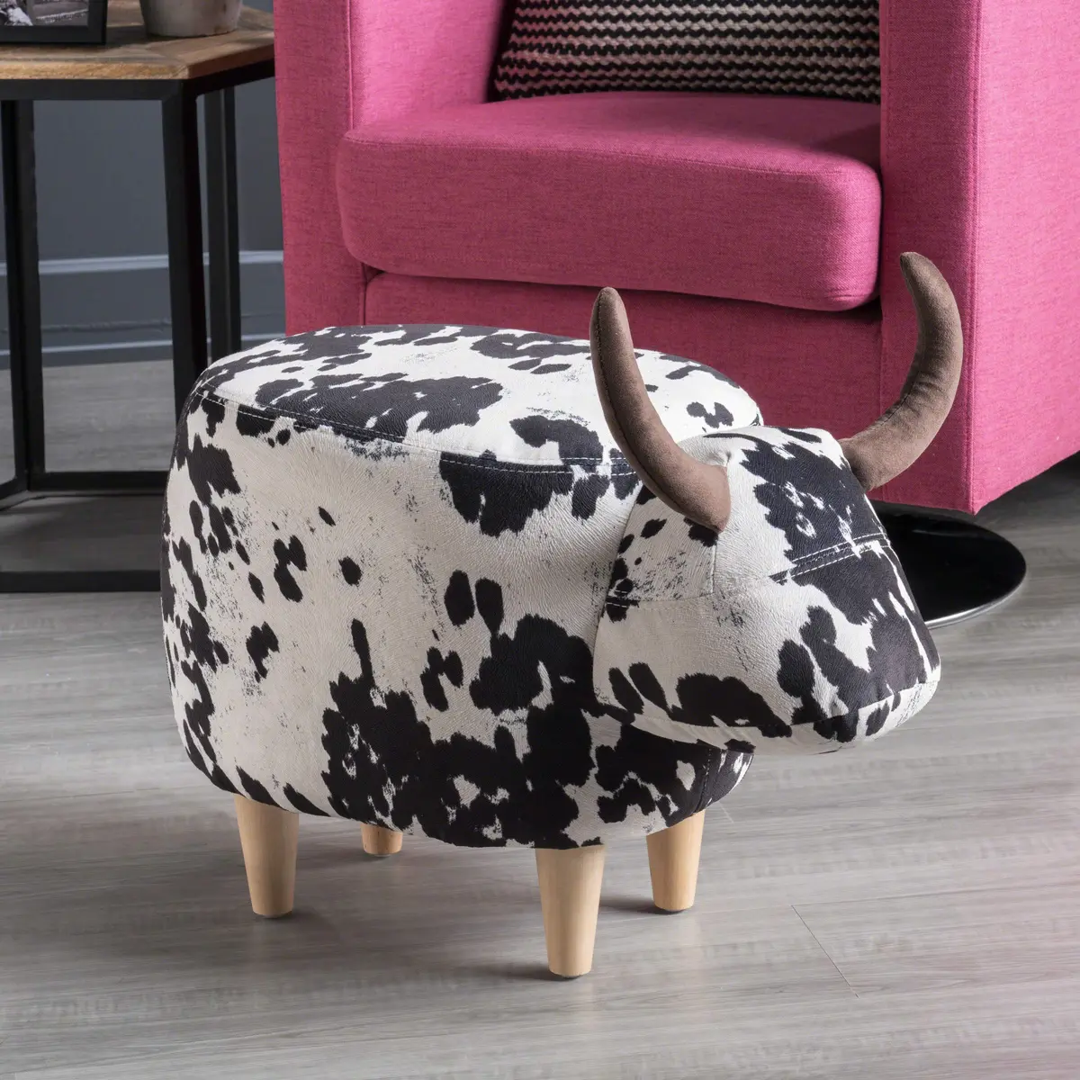Christopher Knight Home Black Cow Velvet Ottoman 25.3"D x 14"W x 16.8"H | Cow Patterned Velvet Ottoman - main product image