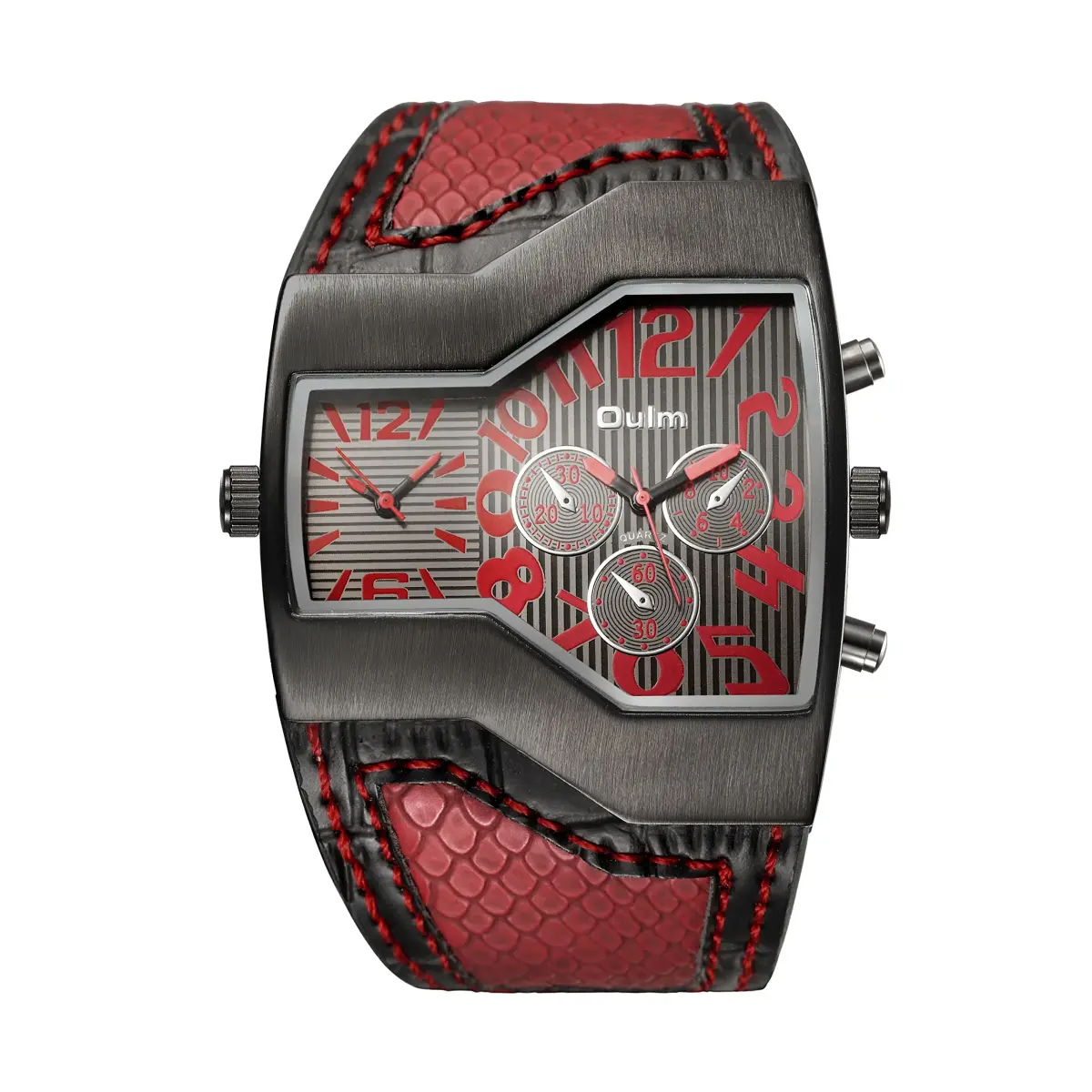 ShoppeWatch Dual Time Quartz Watch 54mm (2.13in) with Red Leather Strap | Oversized Dress Watch for Men - main product image
