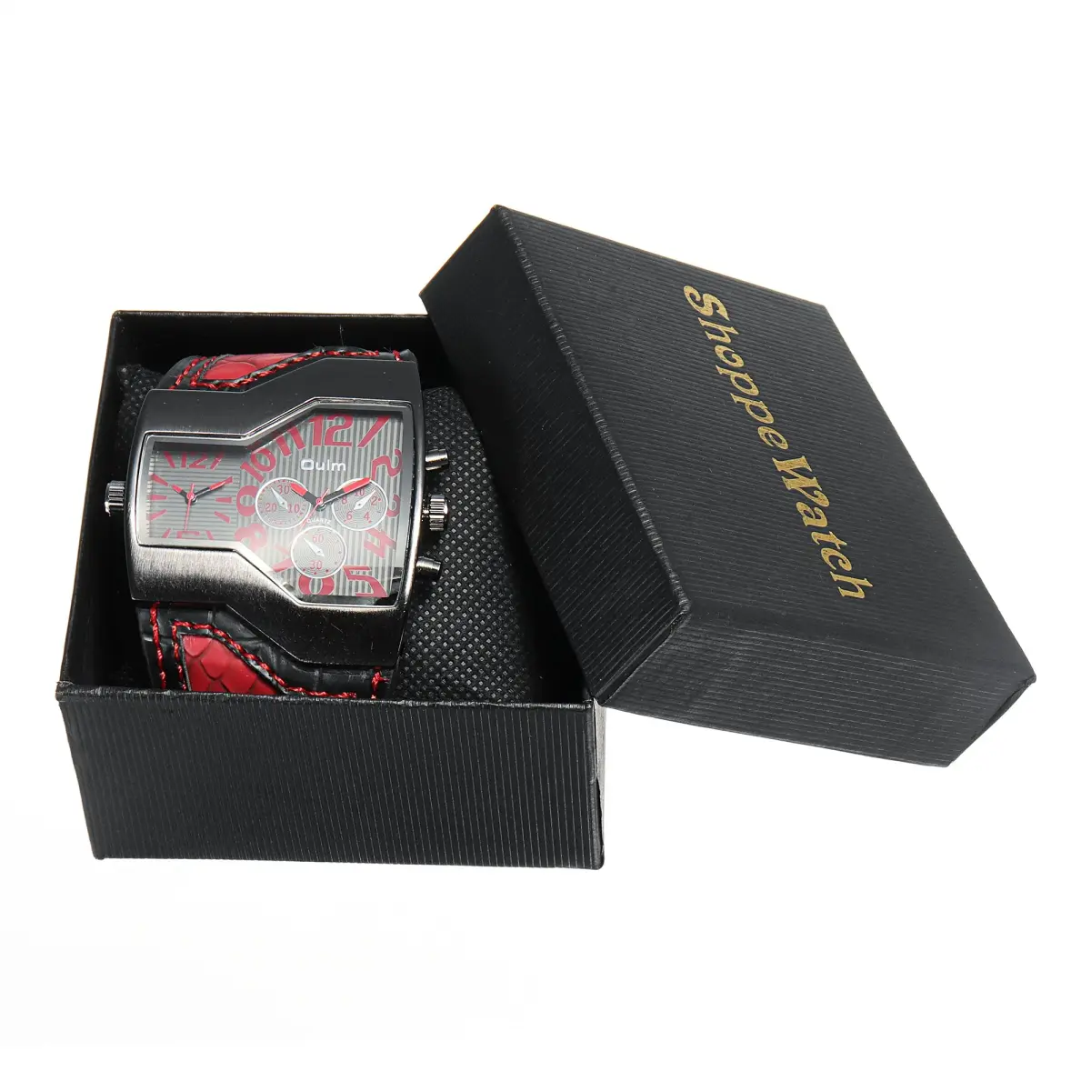 ShoppeWatch Dual Time Quartz Watch 54mm (2.13in) with Red Leather Strap | Oversized Dress Watch for Men - view 6