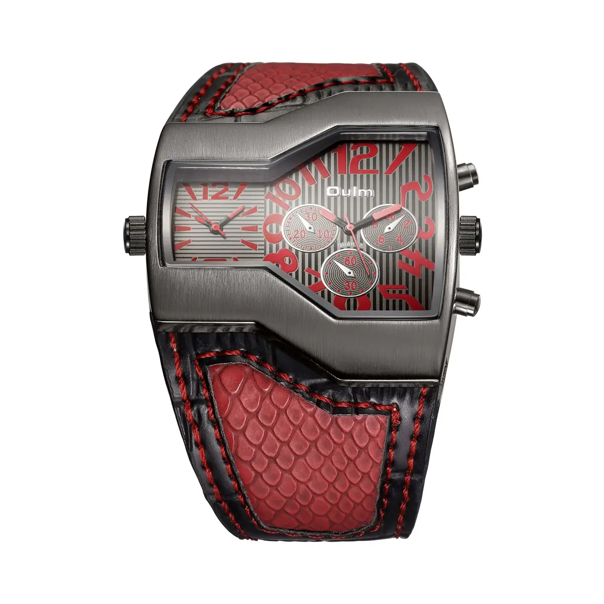 ShoppeWatch Dual Time Quartz Watch 54mm (2.13in) with Red Leather Strap | Oversized Dress Watch for Men - view 3