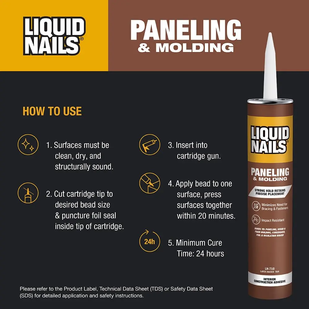 Liquid Nails Paneling & Molding Construction Adhesive LN-710 Tan | 10 fl oz (296 ml) Tube | Low VOC, Water-Resistant, Instant Grab for Interior Projects - view 5