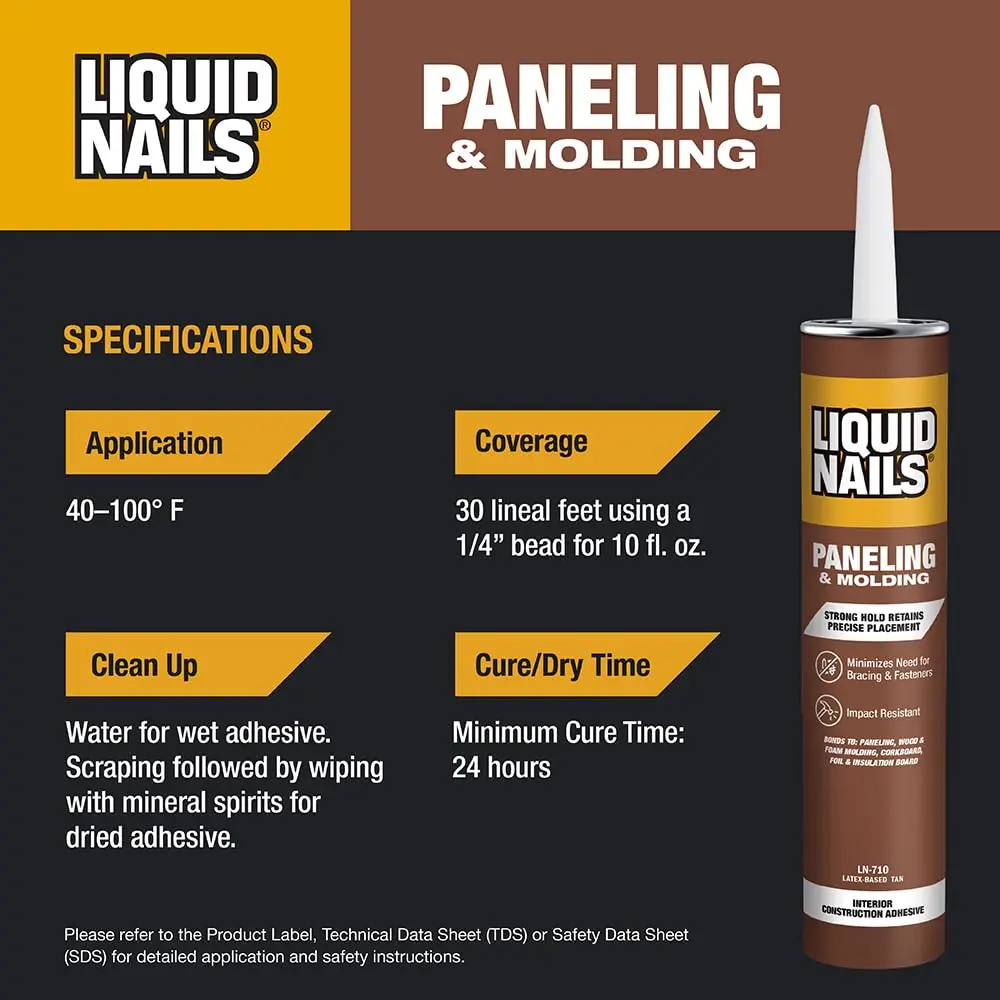 Liquid Nails Paneling & Molding Construction Adhesive LN-710 Tan | 10 fl oz (296 ml) Tube | Low VOC, Water-Resistant, Instant Grab for Interior Projects - view 6
