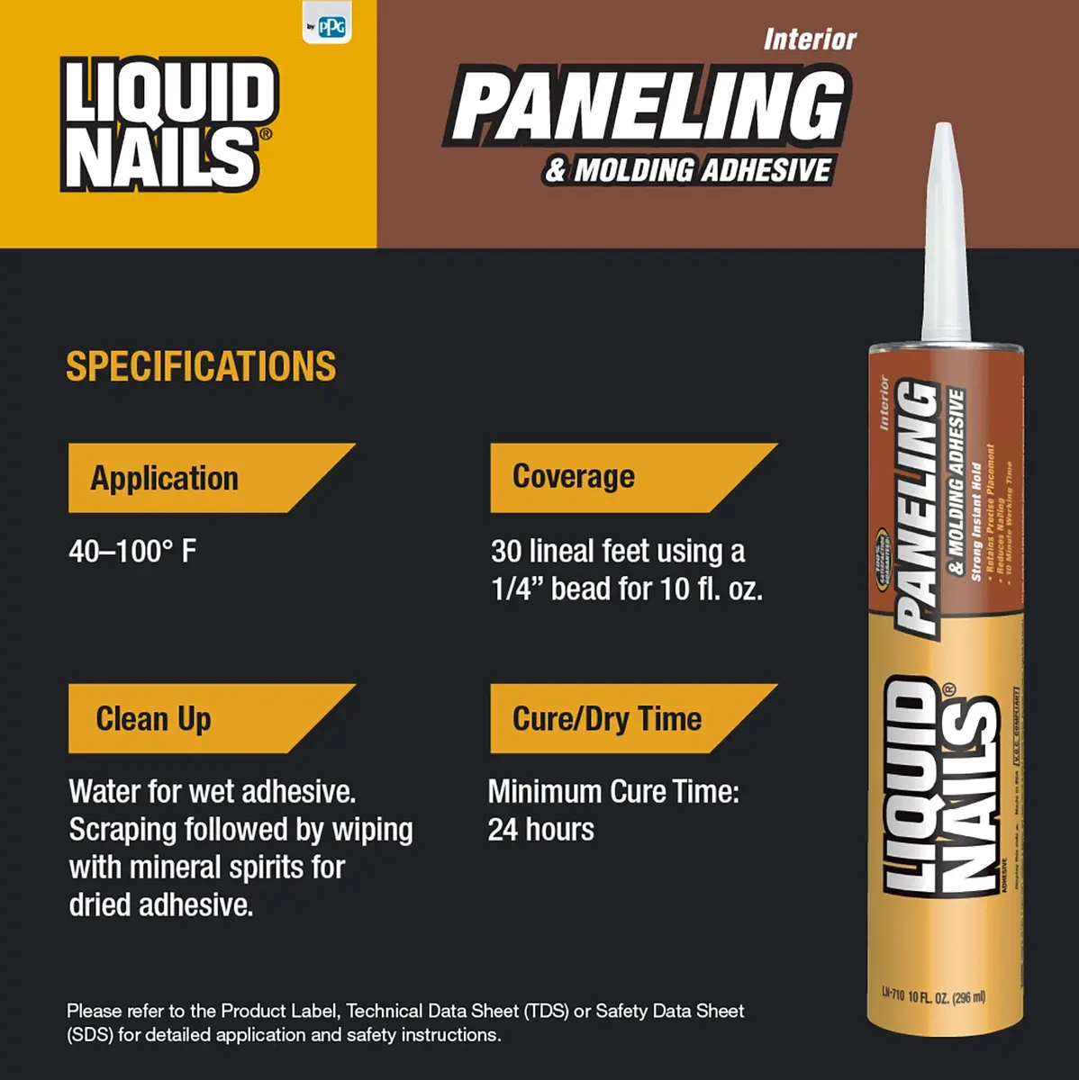 Liquid Nails Paneling & Molding Construction Adhesive LN-710 Tan | 10 fl oz (296 ml) Tube | Low VOC, Water-Resistant, Instant Grab for Interior Projects - view 8
