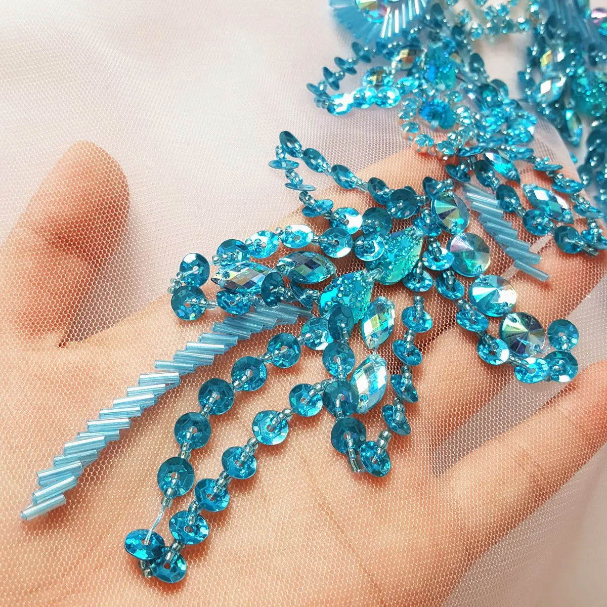 succi shan Light Blue Fabric Appliqué Patch 15.3x11.4" | Handmade Beaded Embroidered Accessory - view 2