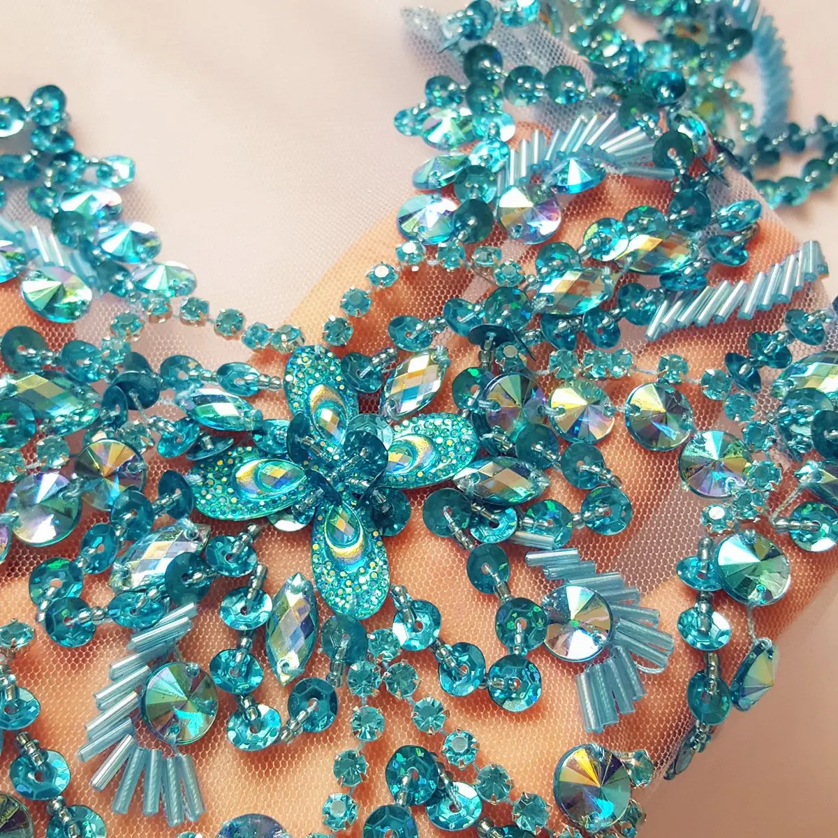succi shan Light Blue Fabric Appliqué Patch 15.3x11.4" | Handmade Beaded Embroidered Accessory - view 3