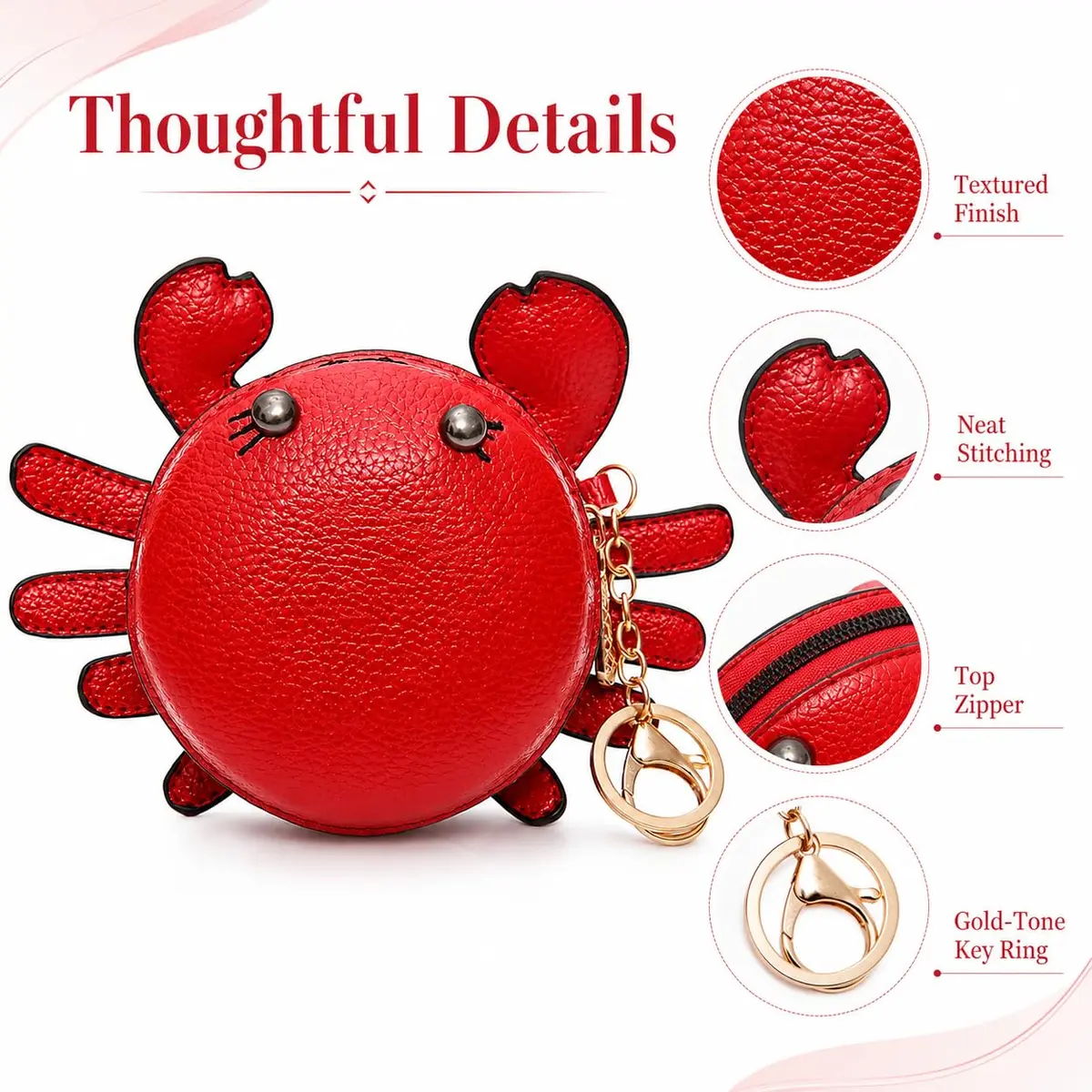 QZUnique Crab Coin Purse Keychain Bag - Red 9.5cm (3.74"L x 1.96"W x 3.74"H) | Cute Animal Shaped Zippered Pouch - view 4