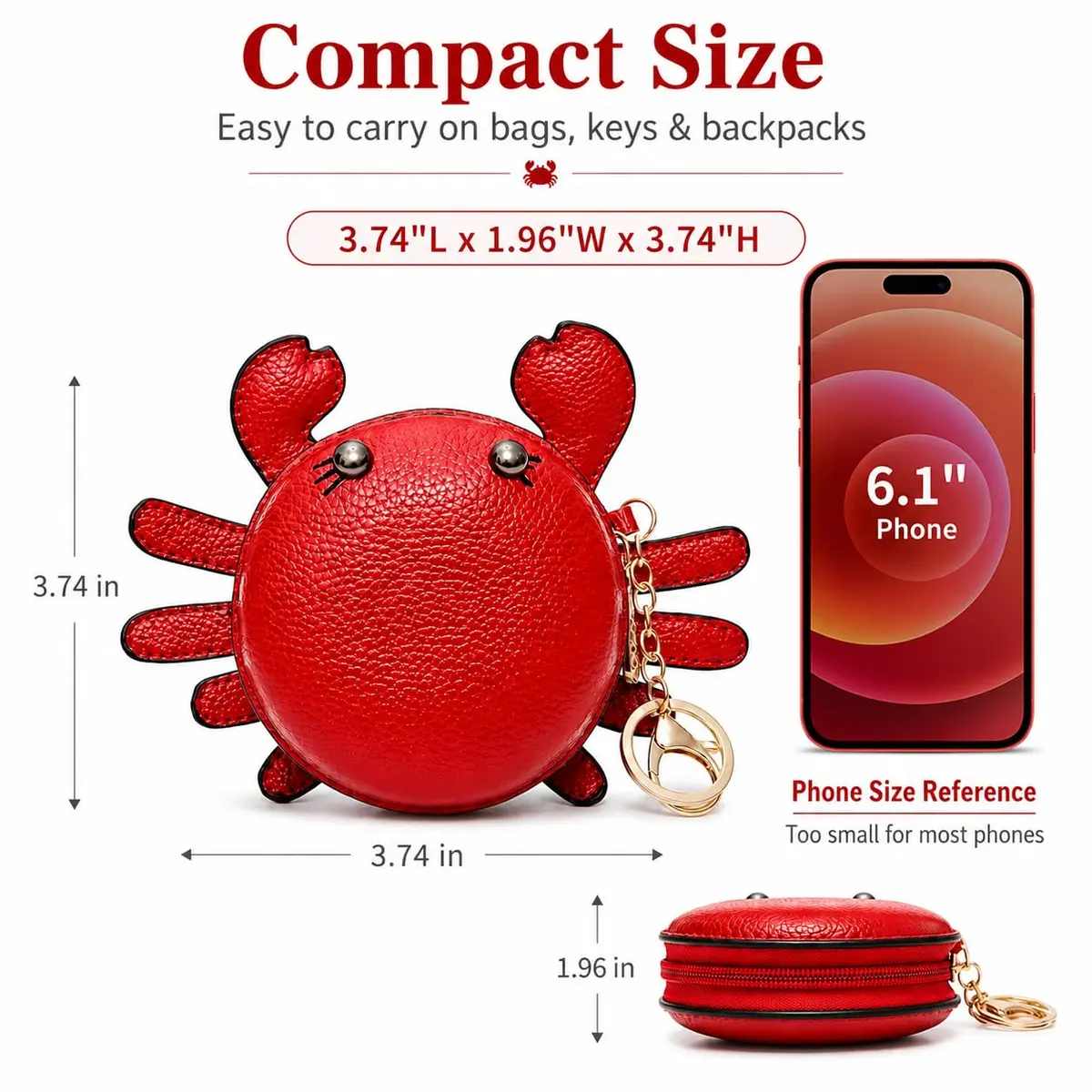 QZUnique Crab Coin Purse Keychain Bag - Red 9.5cm (3.74"L x 1.96"W x 3.74"H) | Cute Animal Shaped Zippered Pouch - view 2