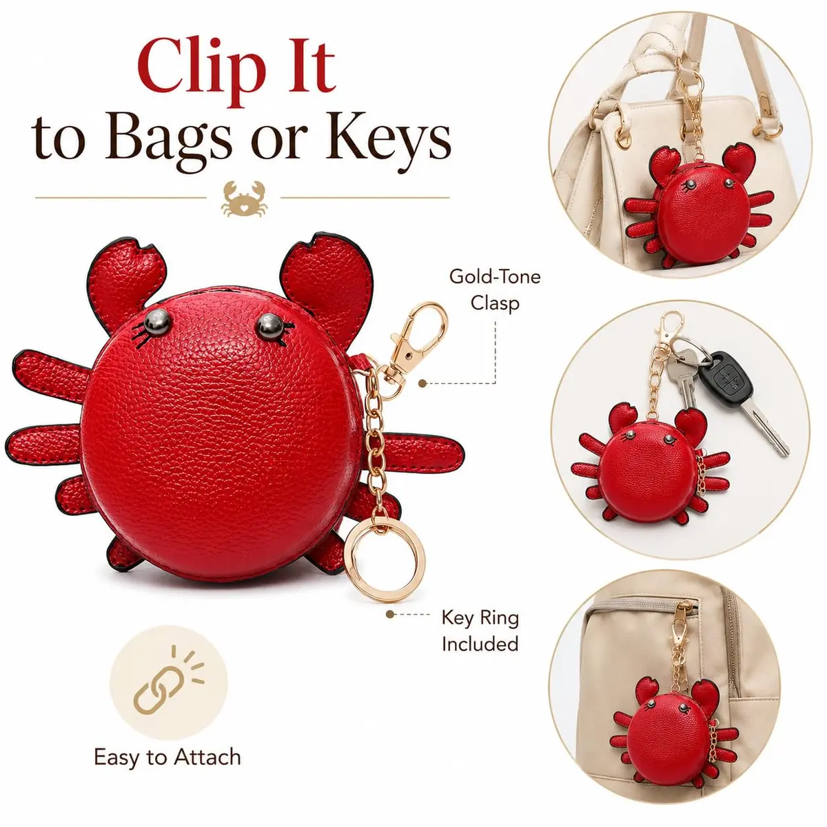 QZUnique Crab Coin Purse Keychain Bag - Red 9.5cm (3.74"L x 1.96"W x 3.74"H) | Cute Animal Shaped Zippered Pouch - view 3