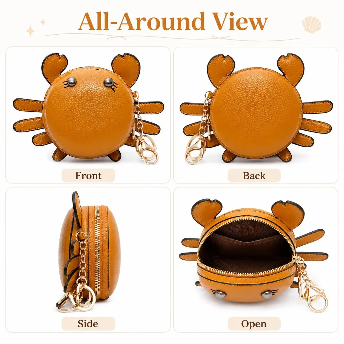QZUnique Crab Coin Purse Keychain Bag - Yellow 9.5cm (3.74"L x 1.96"W x 3.74"H) | Cute Leather Wallet Key Bag for Women Kids - view 4