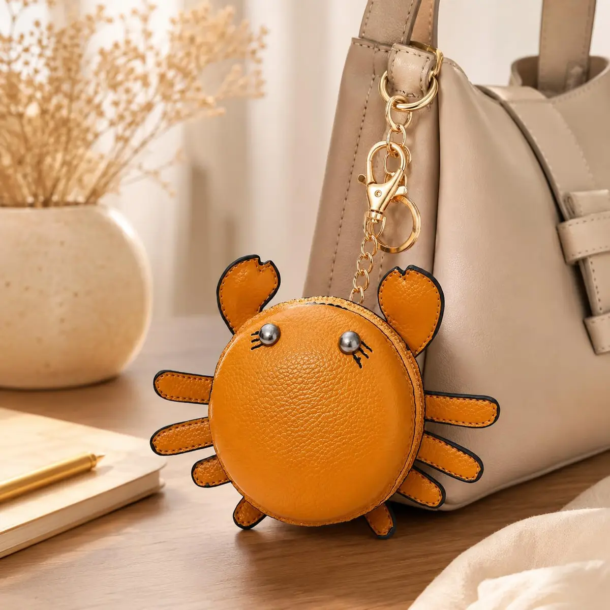 QZUnique Crab Coin Purse Keychain Bag - Yellow 9.5cm (3.74"L x 1.96"W x 3.74"H) | Cute Leather Wallet Key Bag for Women Kids - view 6