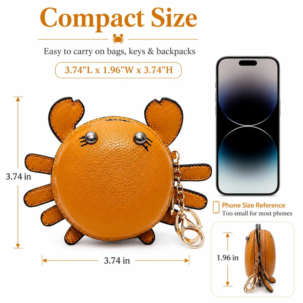 QZUnique Crab Coin Purse Keychain Bag - Yellow 9.5cm (3.74"L x 1.96"W x 3.74"H) | Cute Leather Wallet Key Bag for Women Kids - view 2