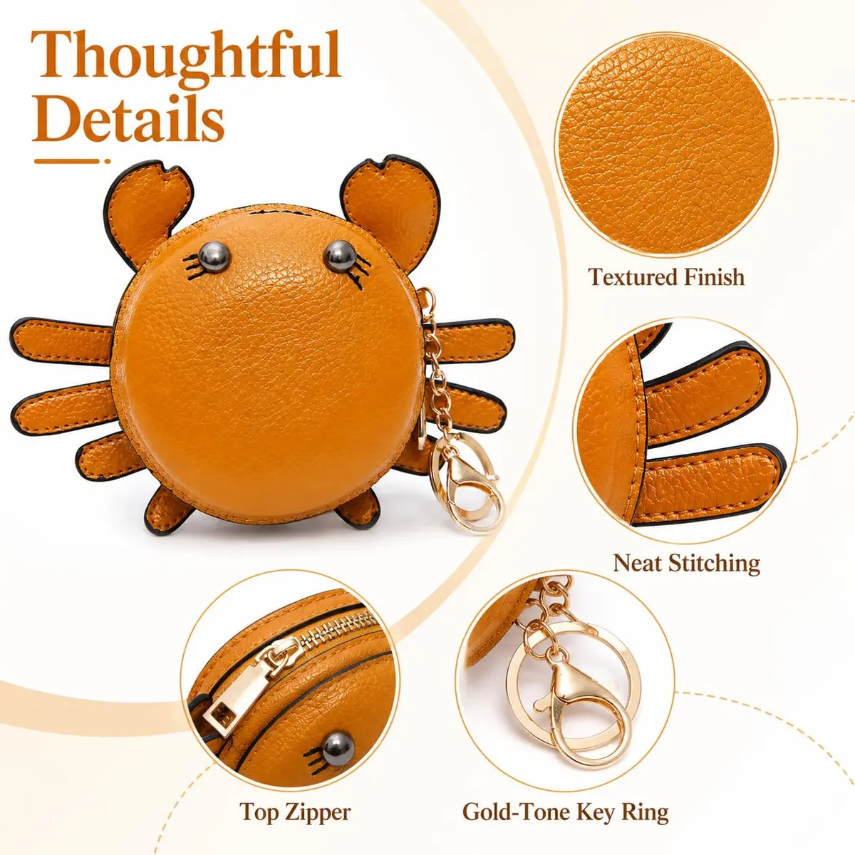 QZUnique Crab Coin Purse Keychain Bag - Yellow 9.5cm (3.74"L x 1.96"W x 3.74"H) | Cute Leather Wallet Key Bag for Women Kids - view 3